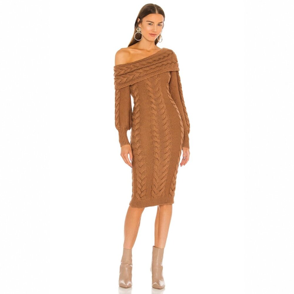 Revolve Michael Costello Celestia Off Shoulder Cable Knit Dress Tan Like New S